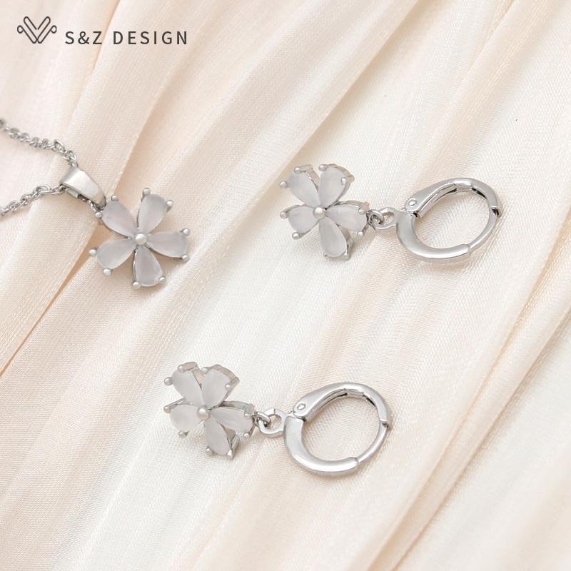 Stylish Rose Gold Color Cute Cubic Zirconia Flower Drop Earrings Jewelry Sets For Women Wedding Elegant Fashion Pendant Necklace