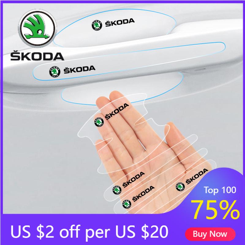 Car Sticker 2025 New 8PCS Transparent Protective Stickers for Car Door Handle For Skoda Octavia Rapid Kodiaq Karoq Fabia Kamiq S