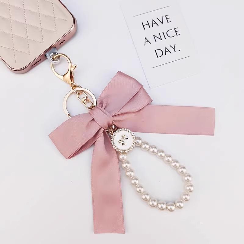 Key Bag Pendant Accessories Faux Pearl Bow Keychain Cute Beaded Bracelet Key Chain For Purse Bag Backpack Car Charm Ribbon