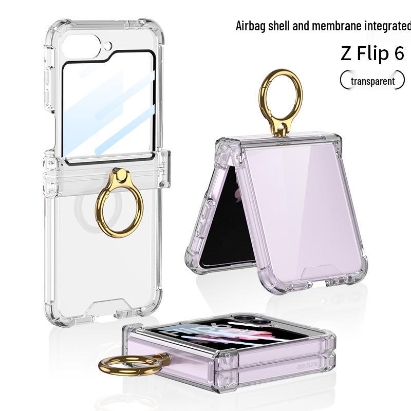 Чехол для Samsung Galaxy Z Flip 6: Вал подушки безопасности, Полностью закрывающий корпус, Прозрачная пленка, Держатель-кольцо