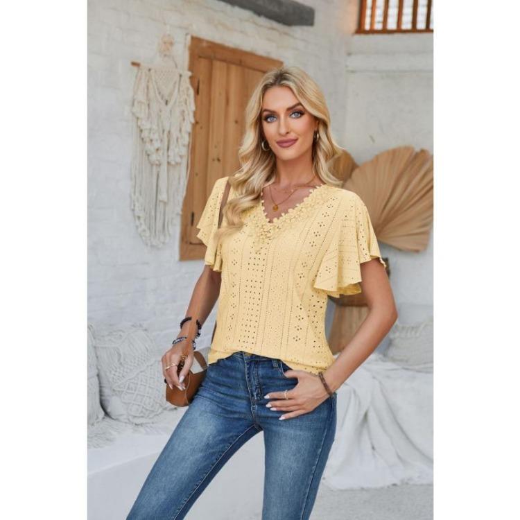 New Fashion Women's Lace V-neck Loose T-shirt Solid Color Ruffled Sleeves Spring Summer