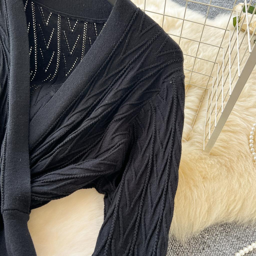 Autumn Winter Women Elegant V-neck Knitted Sweater Twist Pullover Dresses