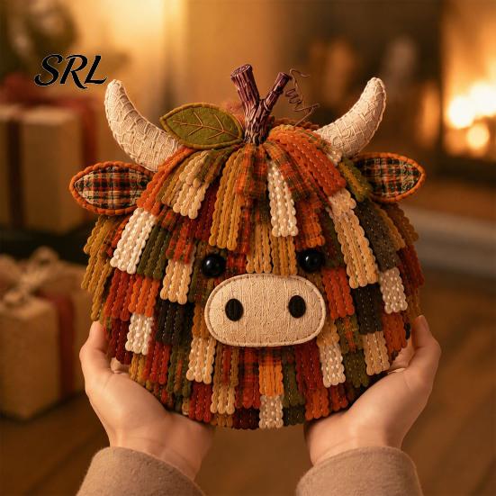 Thanksgiving Craft Activity Highland Cow Pumpkin Patchwork Kit, Fabric Autumn DIY Home Decor Crafting Set Sewing Kit for Beginners, Farmhouse