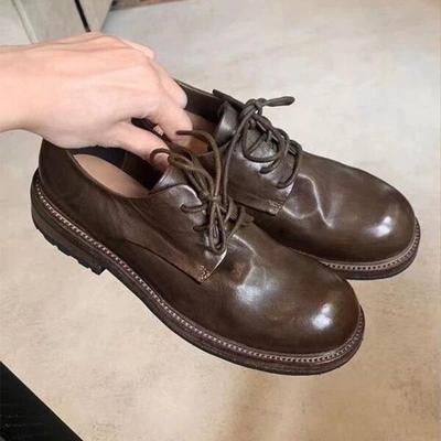 Вымытая лошадиная кожа~ Натуральная кожа ретро британские шнурованные маленькие кожаные туфли женские осенне-зимние новые лоферы дерби толстый каблук одинарные туфли