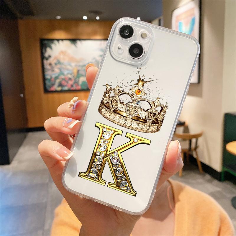 Для iPhone 15 16 14 13 12 mini 11 Pro Max XS X XR SE 7 8 Plus Силиконовый Прозрачный Чехол Алмазная Корона Буква 26 Букв Чехол для Телефона