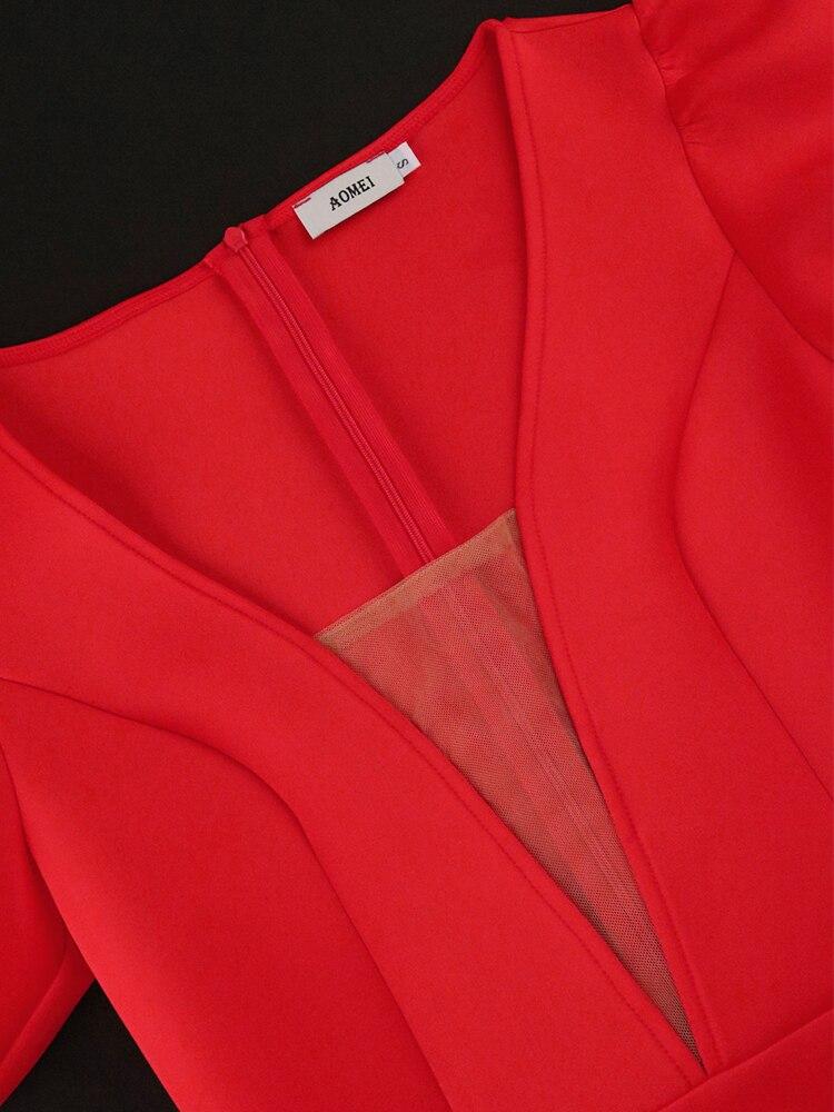 AOMEI Красные платья трапециевидной формы с V-образным вырезом и пышными рукавами с высокой талией, плиссированные длиной до колена, вечерние клубные наряды для выпускного вечера, вечерние платья