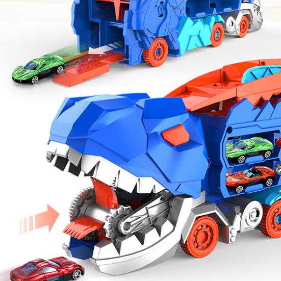 1 Set Dinosaur Swallow Truck Toy with Small Alloy Car Foldable Track Portable Handle Inertial Drive Dinosaur Container Carrier Vehicle Toy Boys Girls