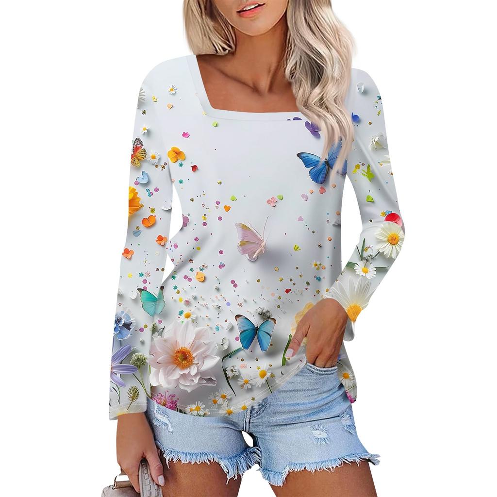 Shirt For Women's Fashion Casual Square Neck Long Sleeve Loose Printed T-Shirt Ladies Top