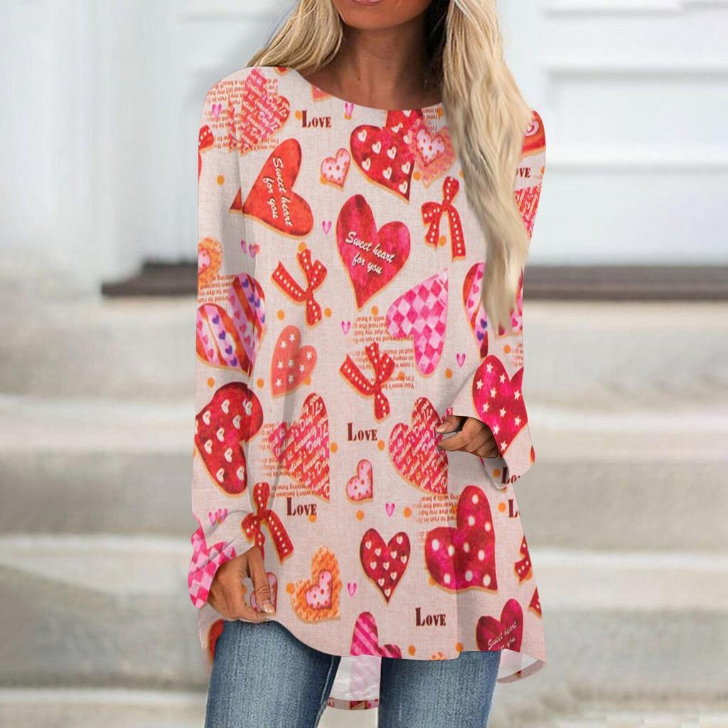 Женская мода повседневная блузка с длинным рукавом и принтом «Любовь ко Дню святого Валентина», круглый вырез, пуловер