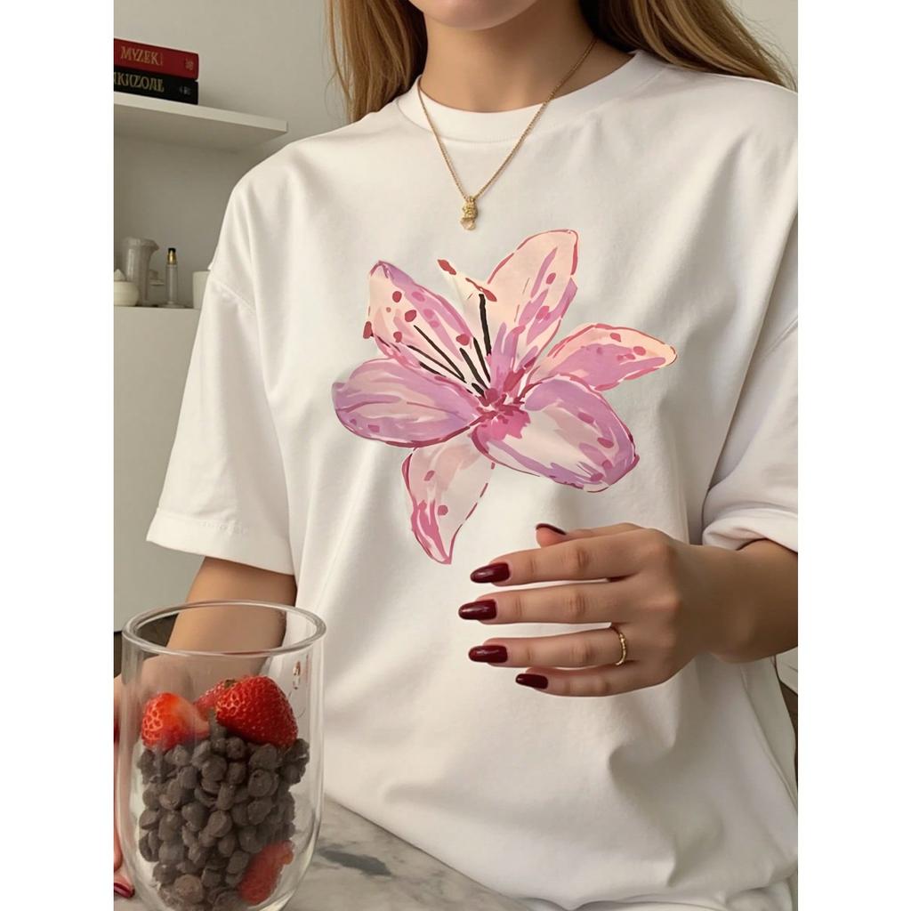 SHEIN Unity Летняя Простая Белая Футболка с Цветочным Принтом, Круглым Вырезом и Короткой Рукавой, Подходит для Летней Одежды