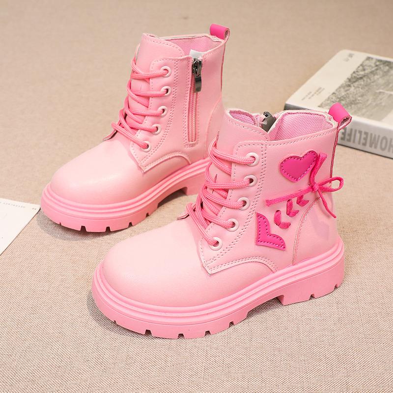 Girls Fashion Leather Boots Thick Bottom Children Princess Boots Soft Breatheable Color Matching Love Patch Kids Catwalk Boots