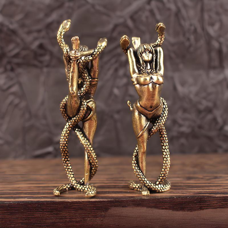 Solid Brass Women And Snake Furniture Ornaments Living Room Desk Tea Pet Brass Crafts Bronze Miniatures Decoration