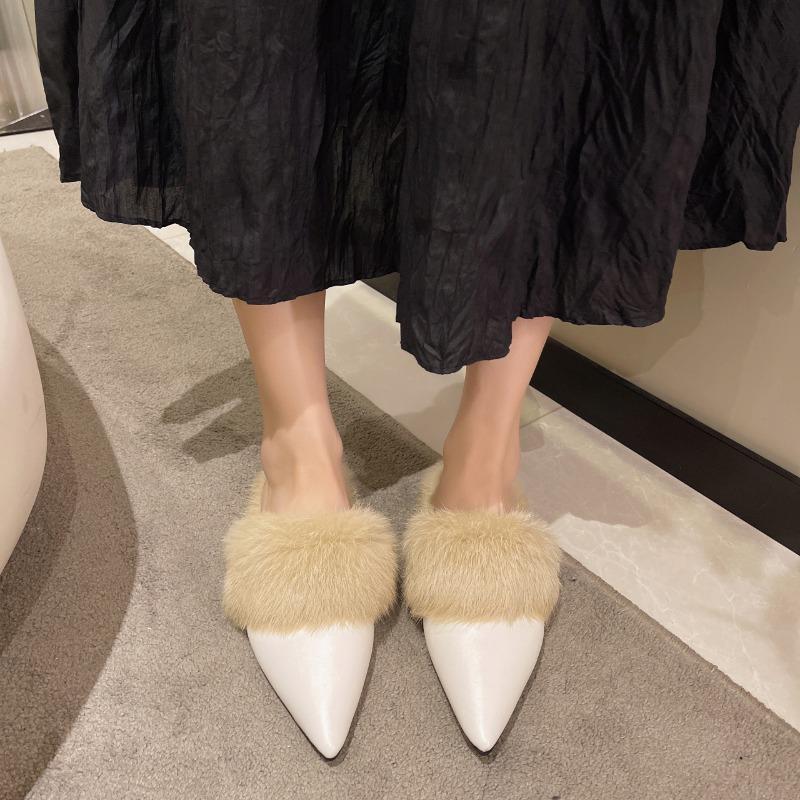 Зимние Новые Тапочки Баотоу Женские Остроносые Плюс Флис На Слипонах Мягкая Подошва Нескользящие Удобные Туфли на Плоской Подошве