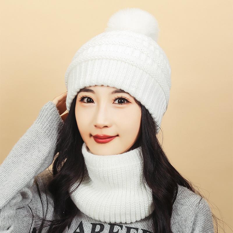 Winter Women's Scarf Knitted Hat Velvet Warm Ball Wool Hat Windproof Neck Protection Hat Scarf Two-Piece Set