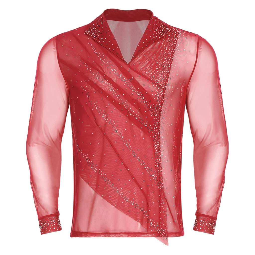Mens Figure Skating Top Sheer Mesh Glittery Rhinestones Front Ruched Overlay Lapel V Neck Long Sleeve Shirt