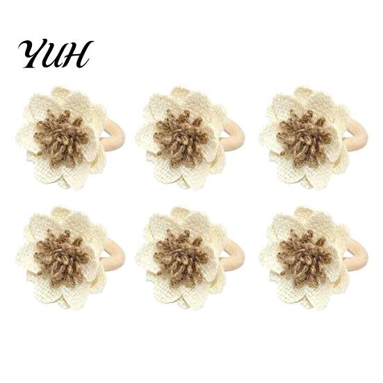 Handmade Linen Flower Rings 6Pcs Napkin Rings, Wooden Ring Rustic Holders, Elegant Dinner Party Decor Farmhouse for Wedding Bridal Shower Dining Table
