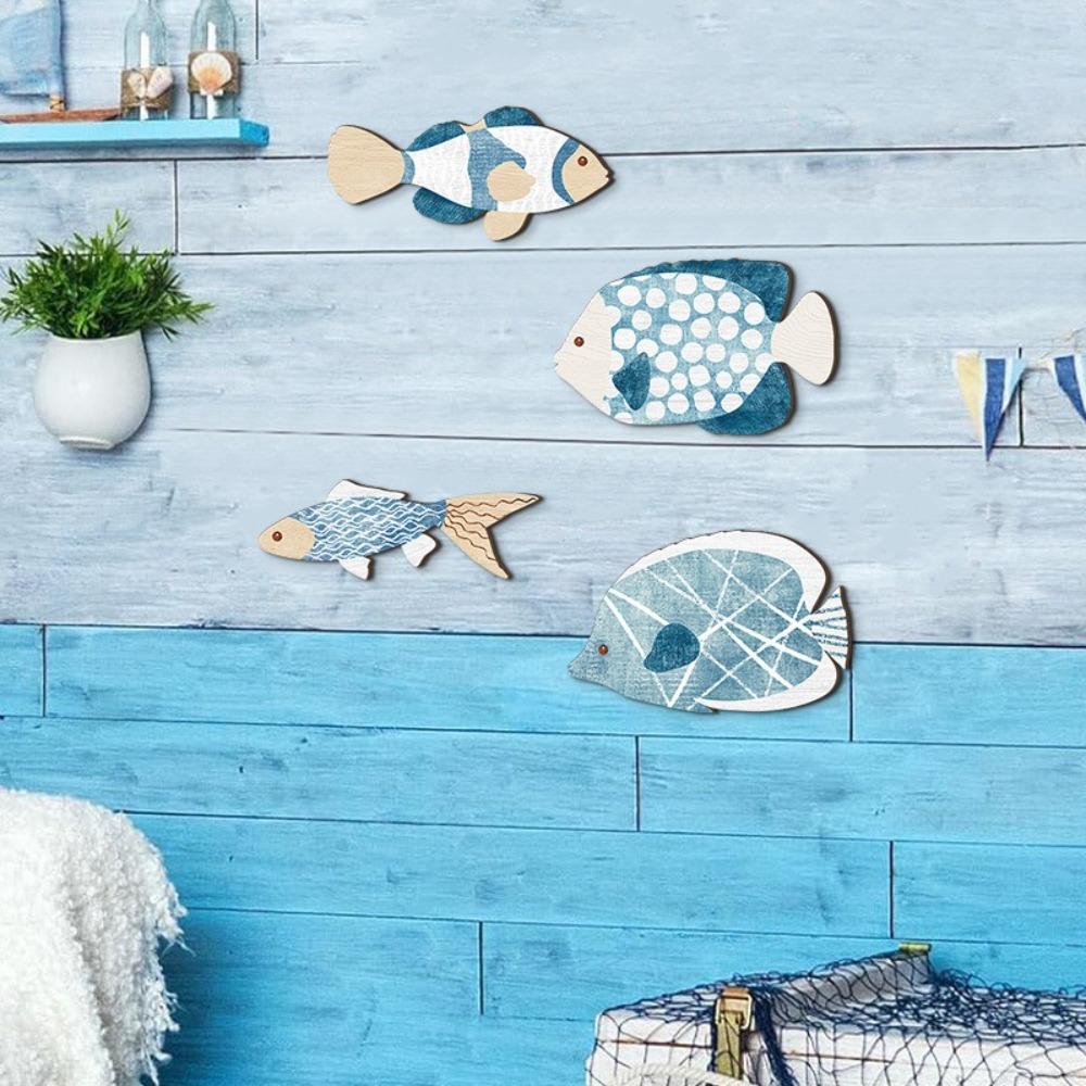 4pcs Wooden Tropical Fish Wall Decoration Vintage Ocean Animal Ornaments  Kids Room Decor