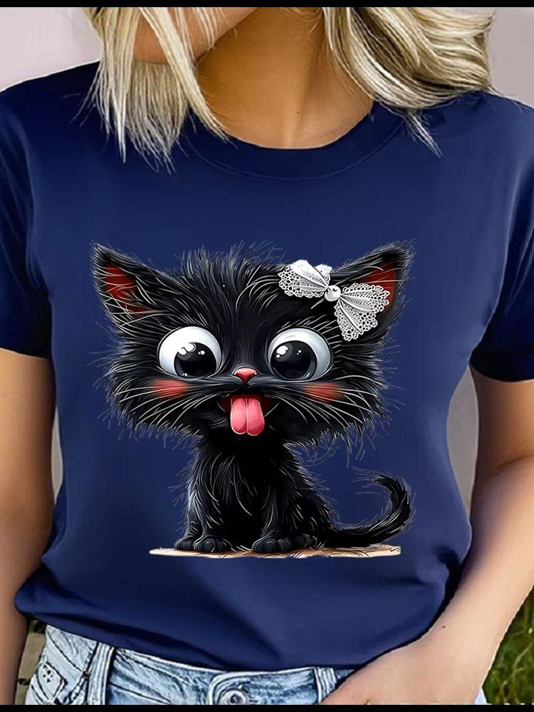 Unisex 100% Polyester Summer Top little black cat sticking out its tongue Print Loose round Neck Short Sleeve Fashion for Lovers
