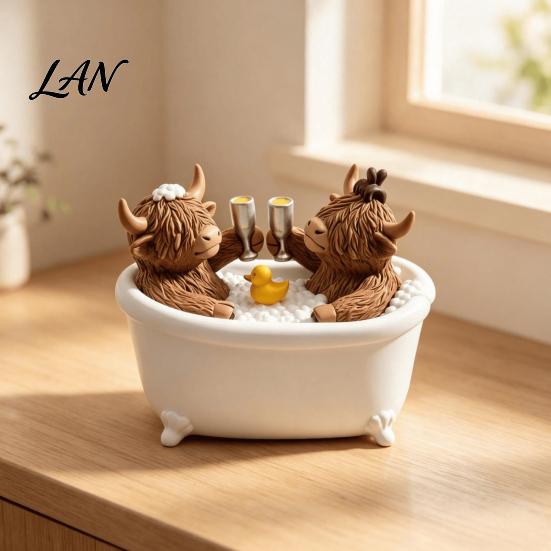 Rustic Bathroom Countertop Accessory Highland Cow Figurine, Cows Toasting in Bathtub Resin Statue, Farmhouse Accessories Cute Farm Animal Tabletop
