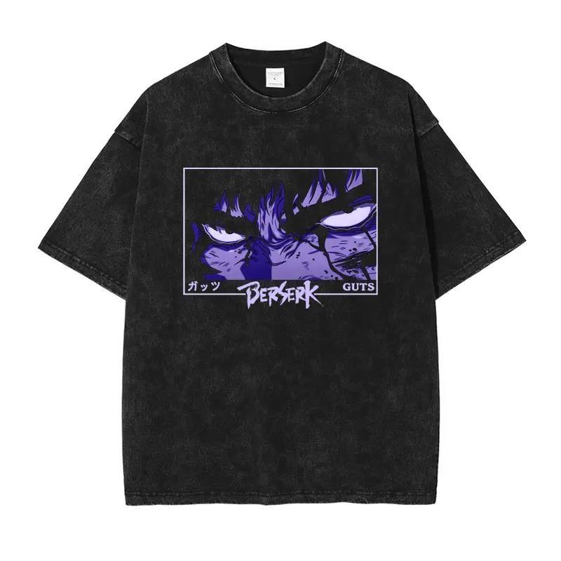 Японское аниме Берсерк Графическая выстиранная футболка Мужская Манга Хлопковые футболки Повседневная Винтажная Готическая футболка Харадзюку Мужская Уличная футболка