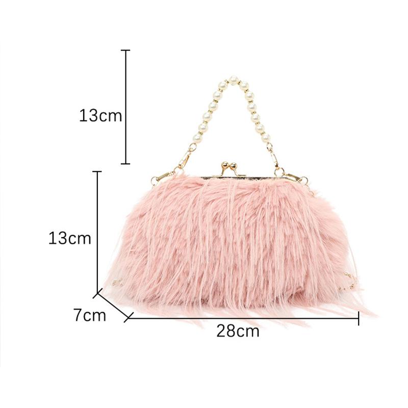 Furry Crossbody Bag with Pearl Handle Fashion Chain Plush Shoulder Bags for Women Soft Faux Fur Evening Party Purse