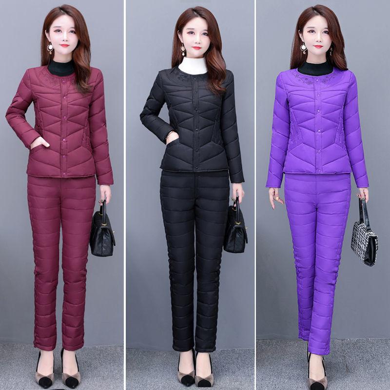 Winter Down Cotton Lined Slim Two Pieces Sets Warm O Neck Button Coat Ensemble High Waist Straight Pants Suits Snow Wear Outfit