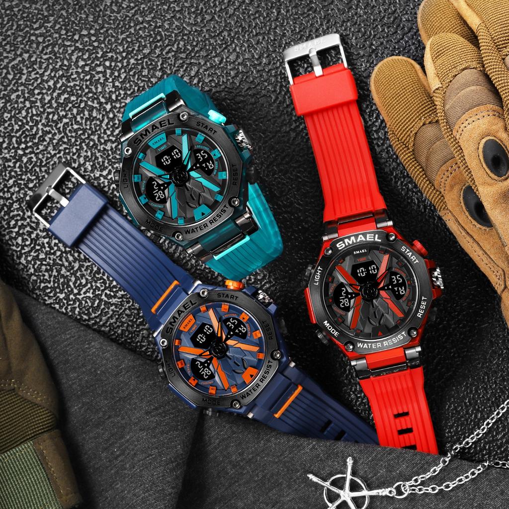 SMAEL Мужские спортивные часы, военные часы, светодиодные кварцевые часы с двойным дисплеем, секундомер, водонепроницаемые спортивные мужские наручные часы для спорта на открытом воздухе для мужчин 8087