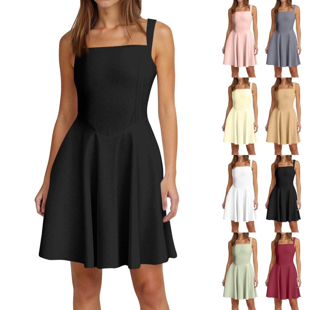 Women's Spring Summer Casual Square Neck Solid Colour Dress Sleeveless Dresses