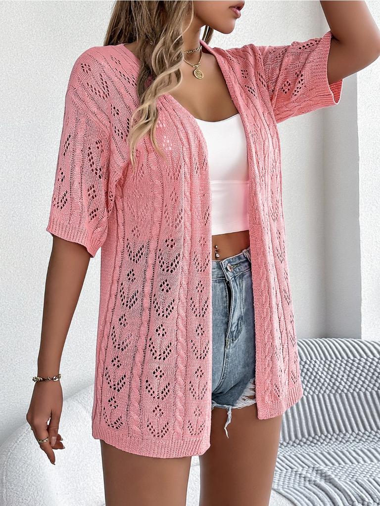 2024 Summer Woman White Hollow Short Sleeved Knitted Cardigan Vacation Sun Protection Shirt
