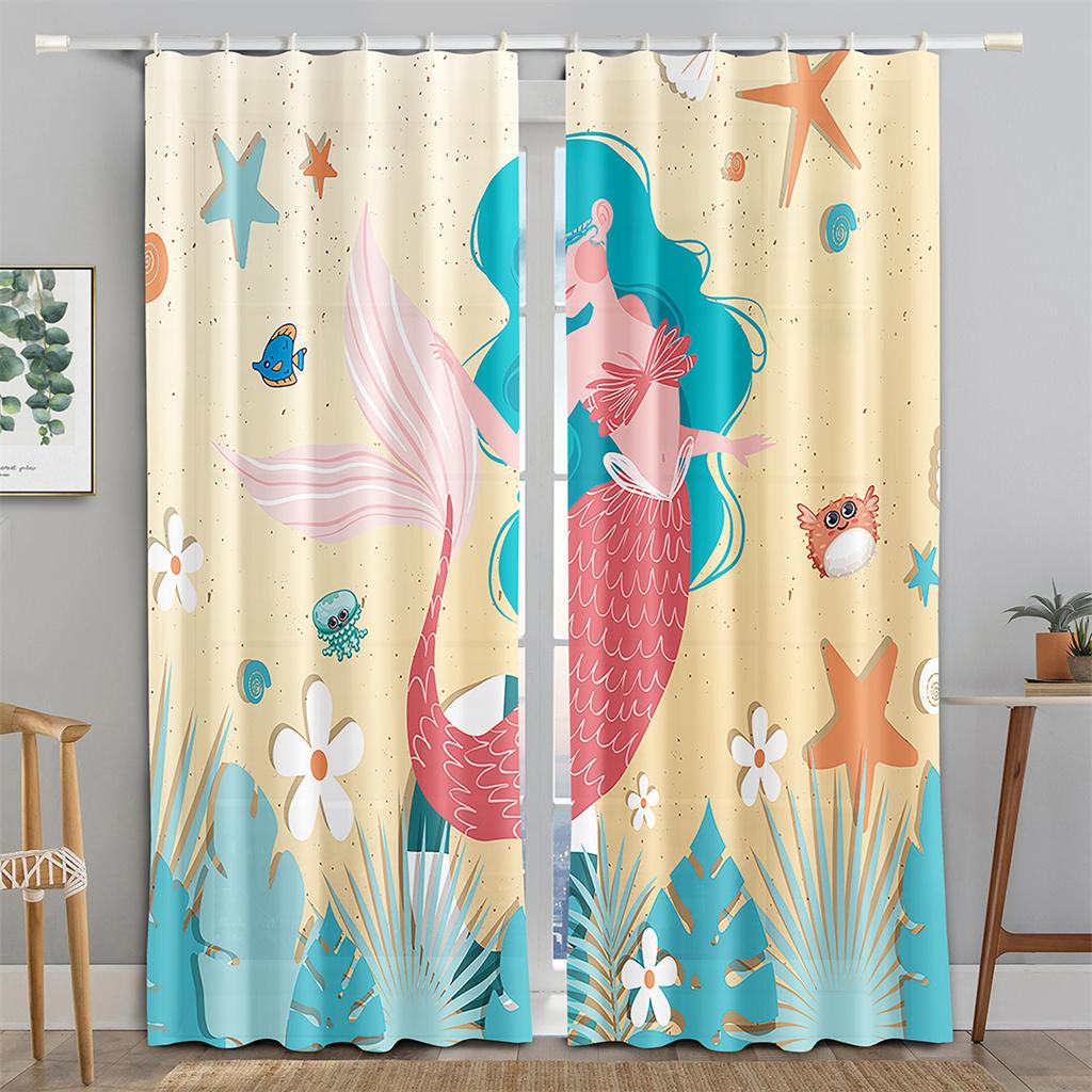 Children's Favorite Underwater World Animal Mermaid Shade Curtain Living Room Bedroom Baby Room Decor Cortina 2 Panels