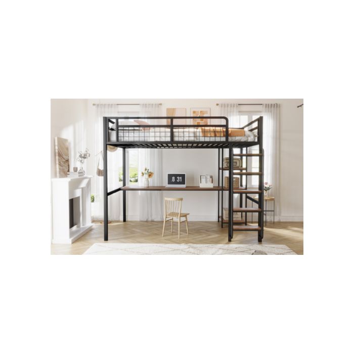 Lit superposé - MUVOE - 140x200 cm - Métal noir - Échelle de sécurité - Table intégrée