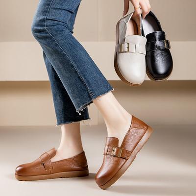 Модные женские туфли GKTINOO из натуральной кожи 2025 Осень Новые Ретро Балетки Универсальные С круглым носком На мягкой подошве Однотонные Лоферы