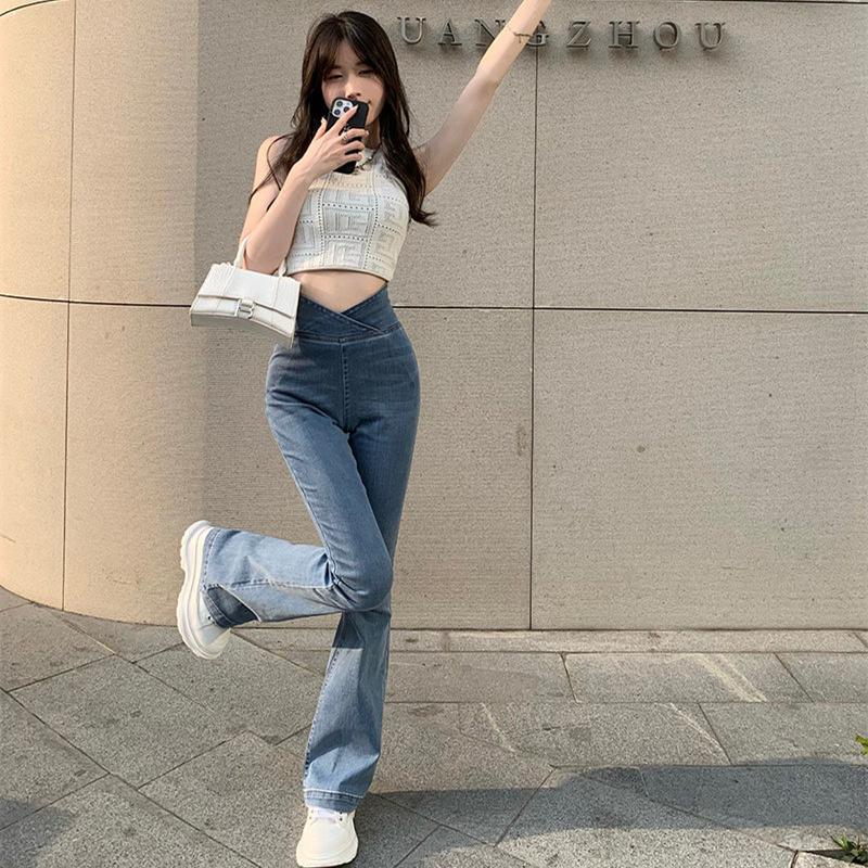 Весна 2022, модные женские джинсы с высокой талией, женские широкие джинсы, узкие тонкие женские джинсовые брюки-клеш, джинсовые брюки для мамы