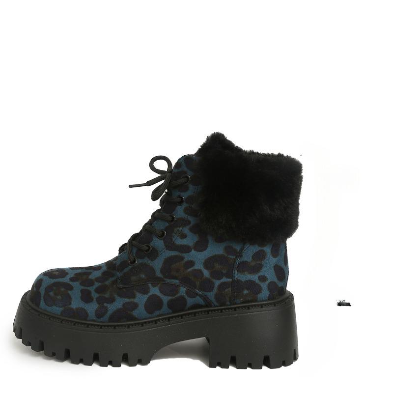 Fashion Women's Fashion Thick Heel Cotton Boots Winter New Round Head Leopard Print Front Lace-up Anti-slip Wear-resistant Short Boots