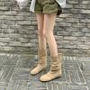 Pile Boots Female Knight Boots Autumn And Winter Retro Suede Round Head Cowboy Boots Apricot Folded Medium Boots