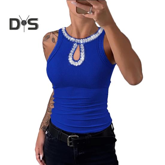 Женский жилет с круглым вырезом без рукавов, блестящие блестящие украшения, топы, ажурный дизайн, облегающий топ, повседневная одежда