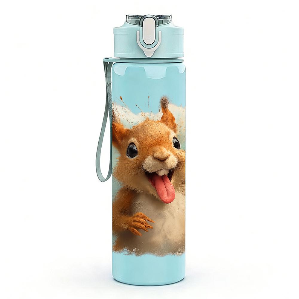 1PC Cheerful Squirrel Cartoon 750ml Color Plastic Sports Water Bottle Leakproof Flip Straw Lid For Sports Office Home Use