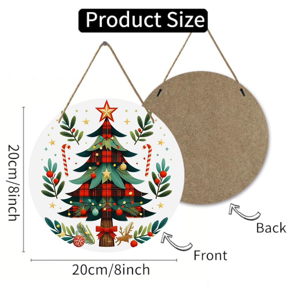 Farmhouse plaid Christmas tree pattern round wooden hanging plaque natural wood craft wall sign front door ornament festive home decoration