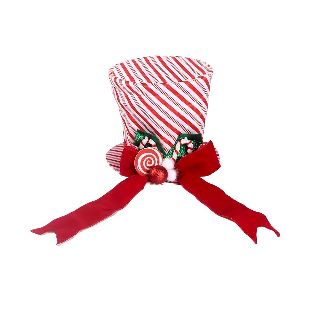 Red Christmas Tree Topper Hat With Bow Ribbon Cane Sugar Decoration Winter Holiday Tree Decor