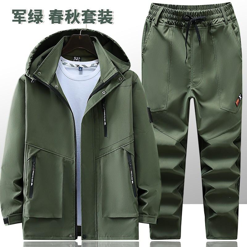 Mens Outdoor Workwear Set Windproof Camo Hooded Jacket Pants Fall Two-Piece Suit Hiking Camping