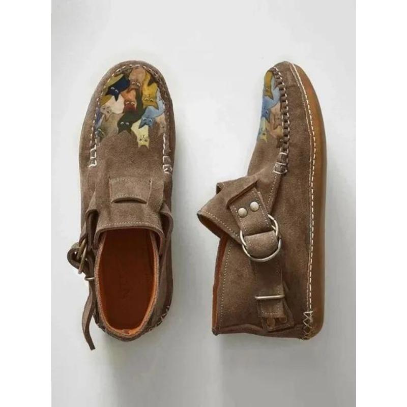 Ботинки Plover женские Comfort Cartoon Cat Printed Leather Button Casual Flat Ankle - 6 Purple