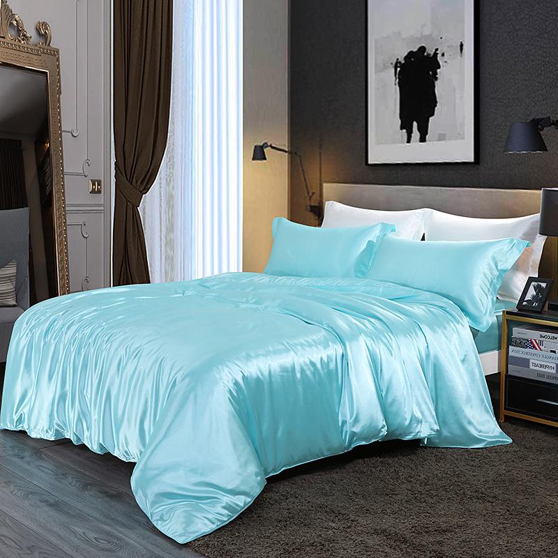 European Solid Color Mulberry Silk Bedding Sets Ice Silk Satin Cooling Bedclothes High Quality Skin-Friendly Smooth Duvet Kit
