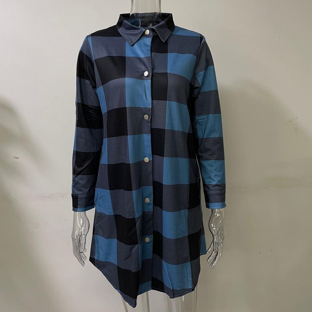 Клетчатая рубашка, пальто, женская куртка средней длины, осеннее пальто с длинными рукавами и карманами на пуговицах