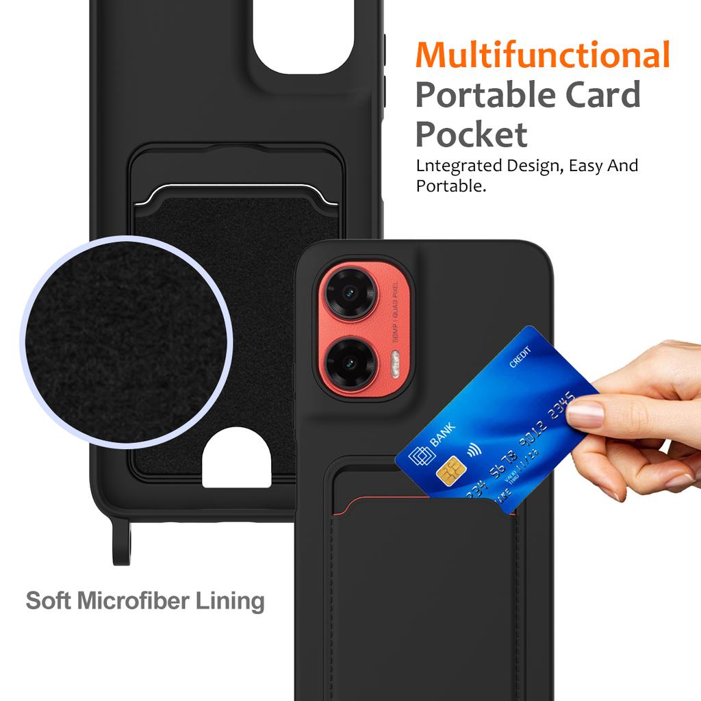 Чехол для Motorola Moto G35 5G Жидкий силикон Держатель для карт Задняя крышка телефона со шнурком