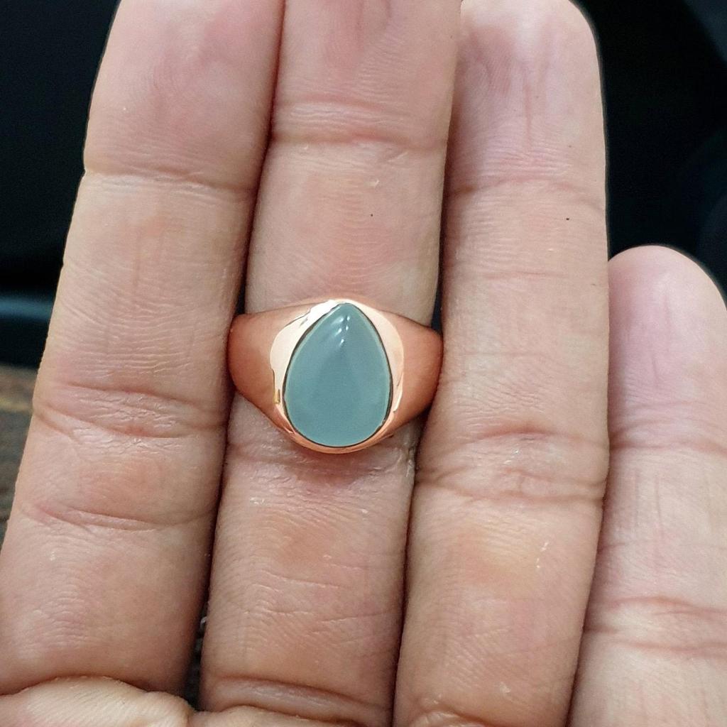 Pear Cab Aquamarine Gemstone 925 Sterling Silver Rose Gold Overlay Ring Jewelry, Unisex Signet Gift Ring