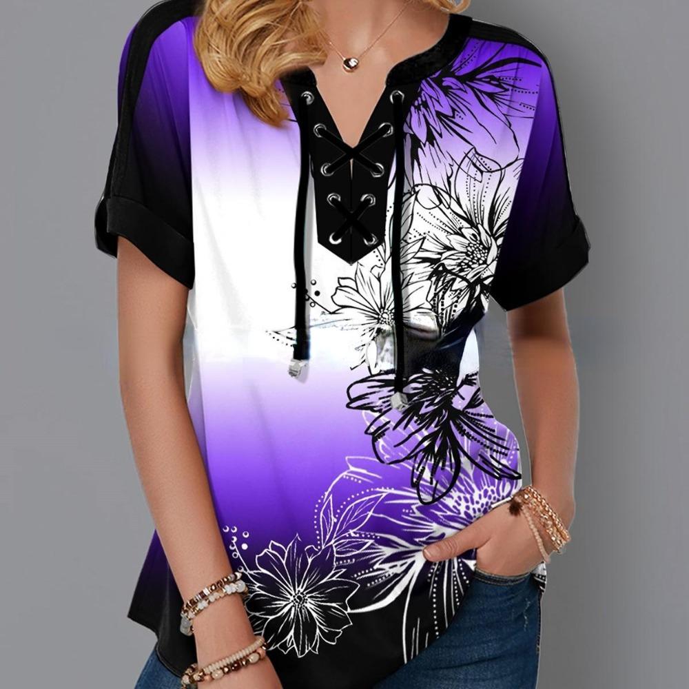 Женская футболка с цветочным принтом и коротким рукавом, повязка с крестом и v-образным вырезом, свободная футболка, женские топы больших размеров, летние футболки, одежда