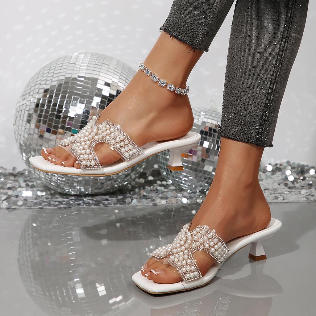 Large Size Summer New Fashion Temperament Pearl Rhinestone One-word High Heel Cool Slippers Women