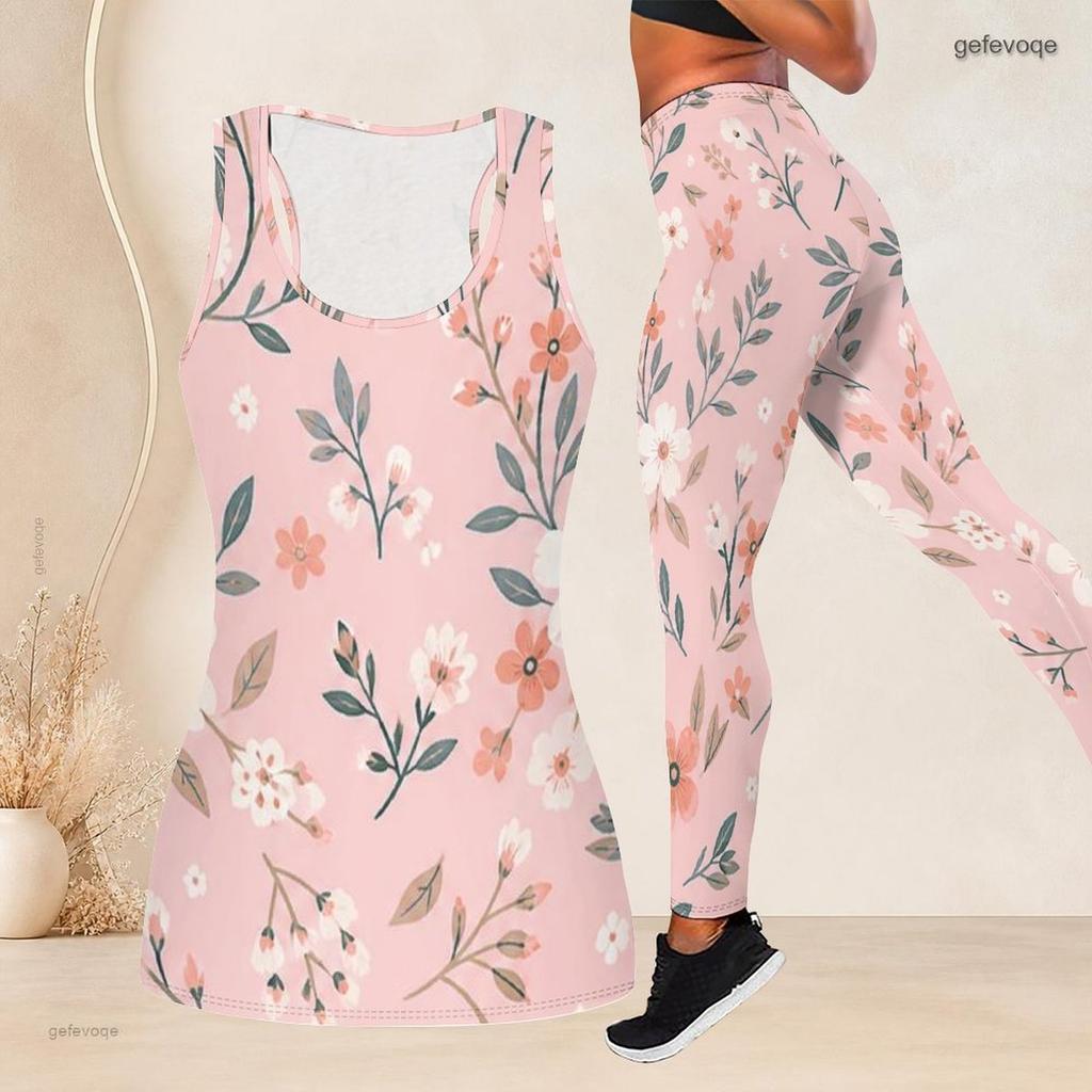 Women Plus Size Floral Printed Two Piece Set Scoop Neck Sleeveless Tank Top Fitted Pants