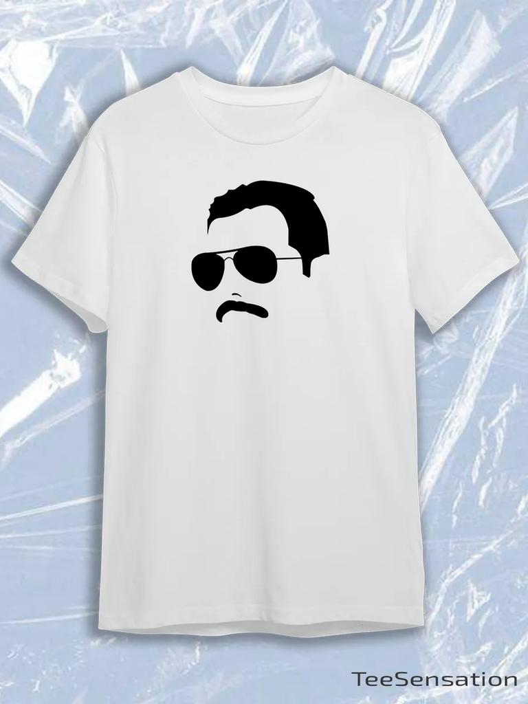 White Crew Neck Short Sleeve T-Shirt with Black Aviators Mustache Face