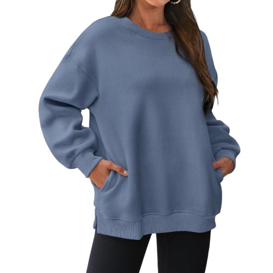 Осенне-зимняя женская толстовка из утолщенного плюша с круглым вырезом, однотонная, свободная, с разрезами по низу, с карманами, пуловер средней длины, теплая спортивная повседневная одежда, топ